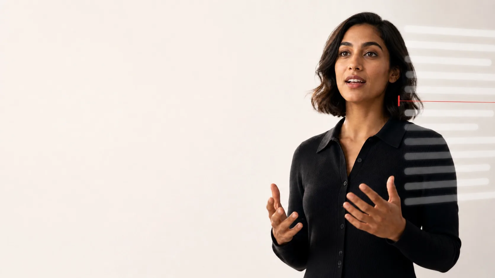 A presenter speaking naturally beside a subtle AdLibly reading line