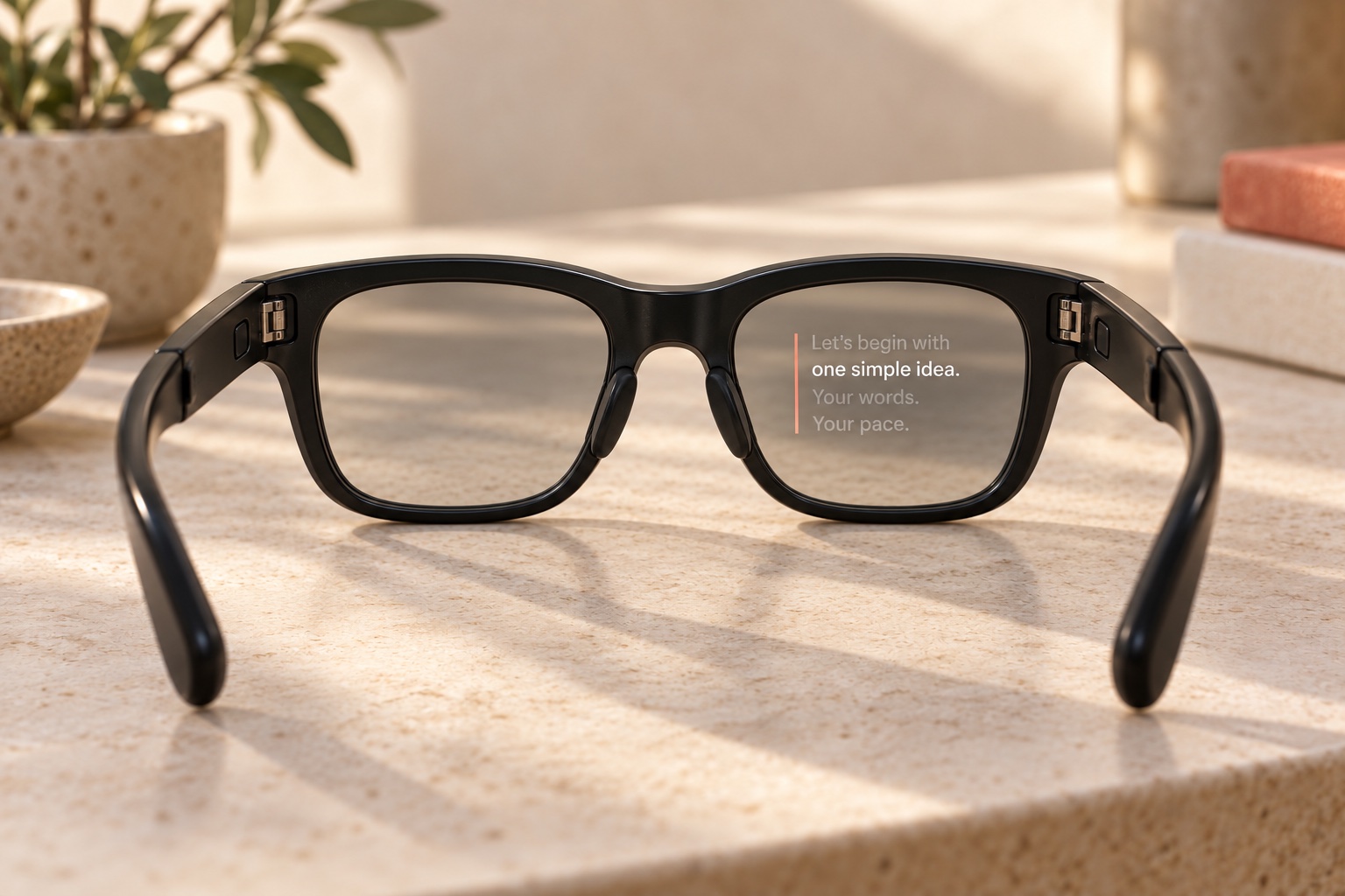 Illustration of black display glasses viewed from inside, with white and grey teleprompter words and a coral guide in the right lens
