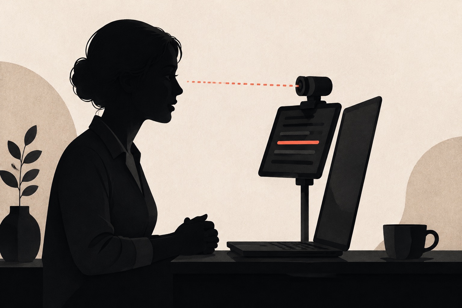 A silhouetted presenter looking toward a webcam above a tablet teleprompter